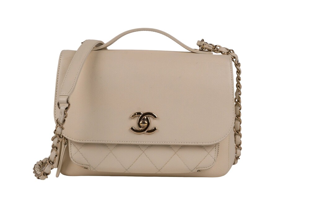 Chanel White Business Affinity Medium Top Handle Bag Caviar Leather Gold Hardwar